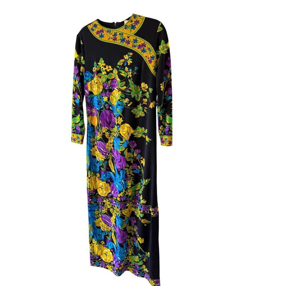 Mr. Dino Womens Signed Round Maxi Dress Size 10 Black Floral Jersey Vintage